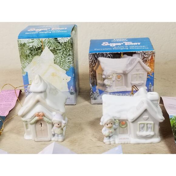 Enesco Sugar Town Chapel 1993 & Sam's House 1994 Ornament Porcelain White x2 Vtg - Picture 1 of 15